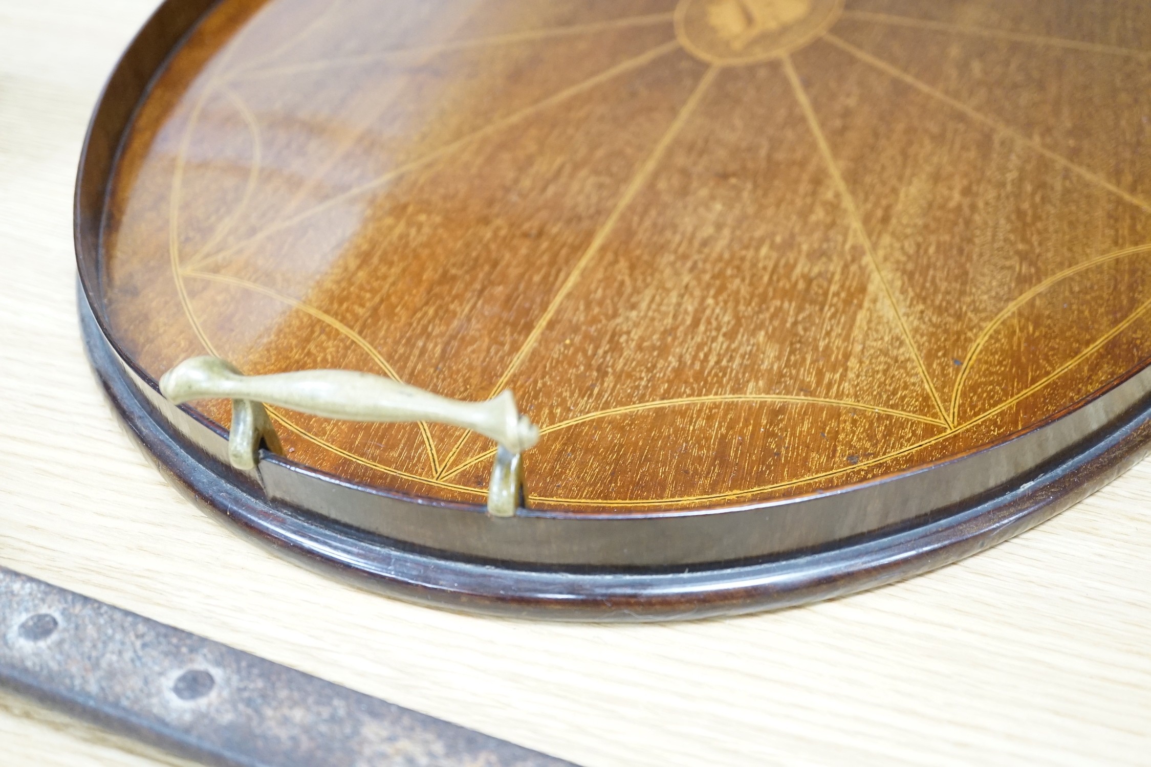 A Sheraton revival mahogany and marquetry tray, 69cm handle to handle